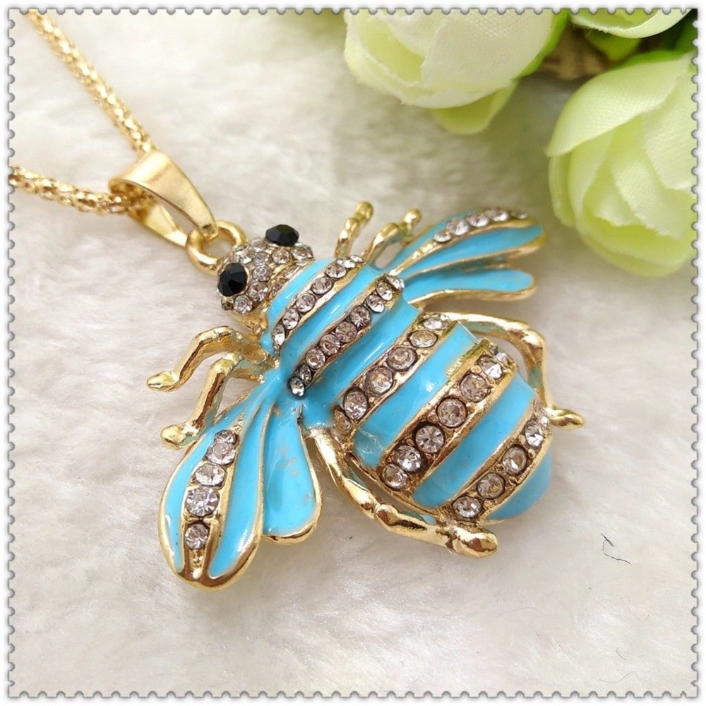 New Bumble Bee Insect Crystal Pendant Necklace‎ Gold Tone Long